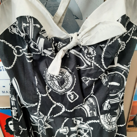 Hell Bunny nautical sailor anchor swing dress black and cream L - Picture 6 of 14